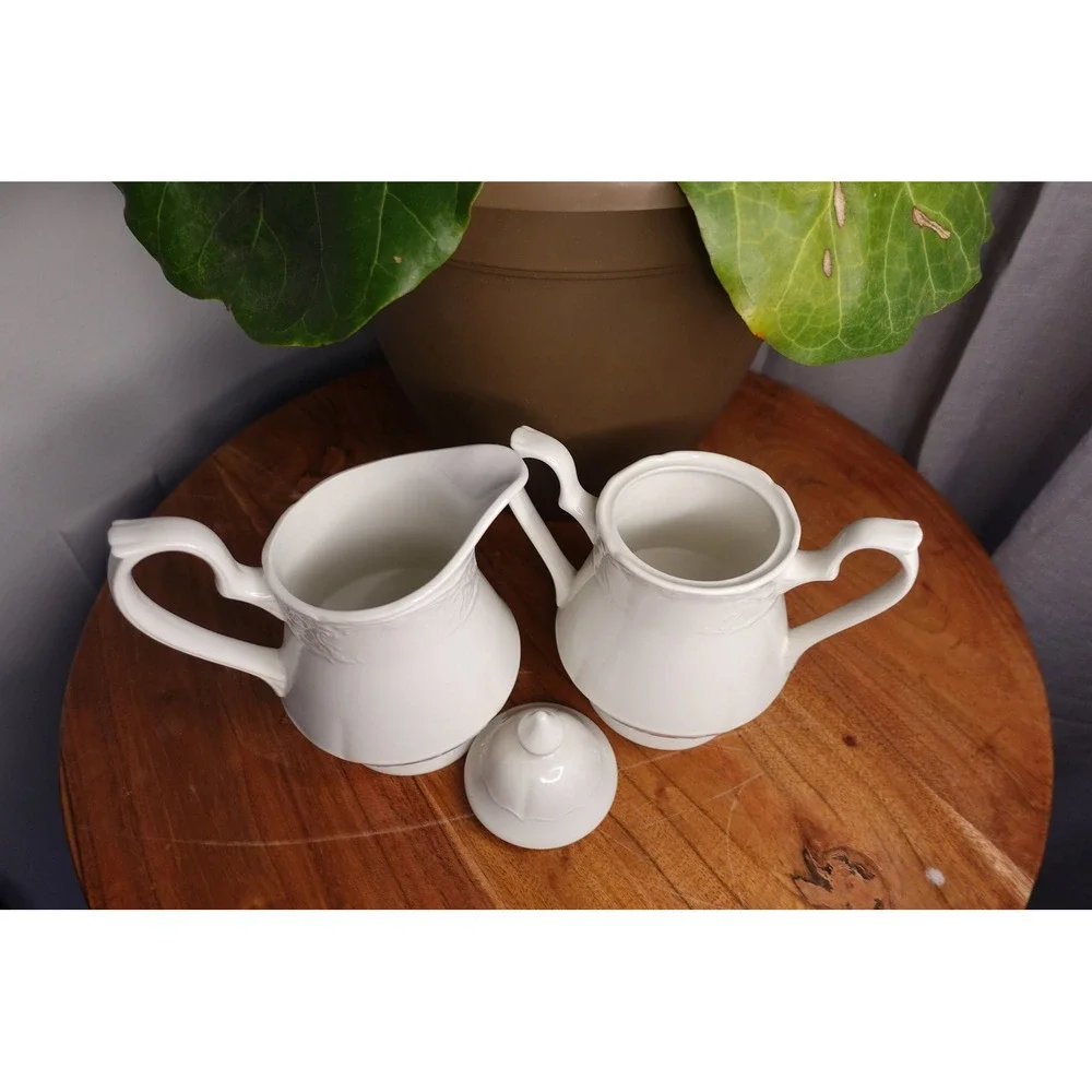 Vintage Creamer and Sugar Bowl Set Made in England‎ Embossed Porcelain
